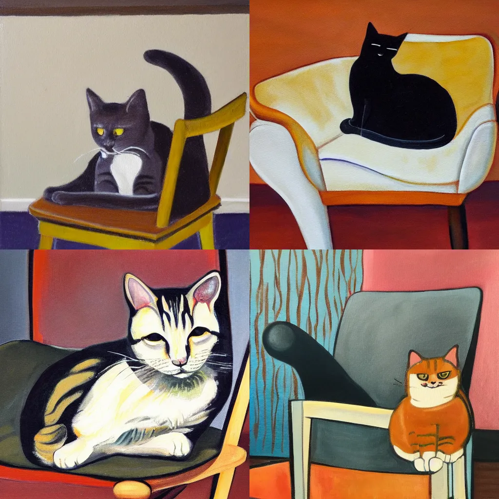 Prompt: a painting of a cat loafing on a midcentury modern chair.