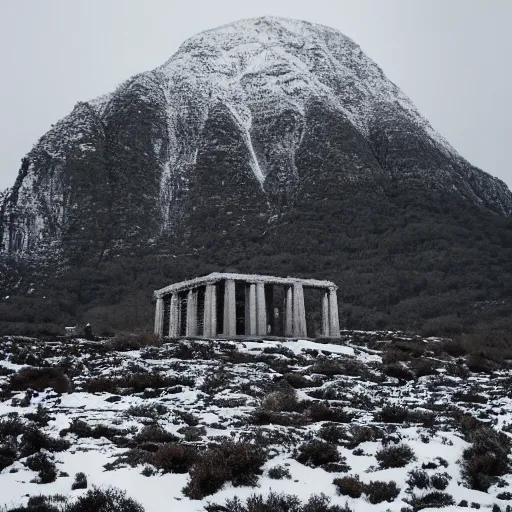 Image similar to a monolithic temple next to a snowcapped mountain. overcast sky, grainy, snowing.