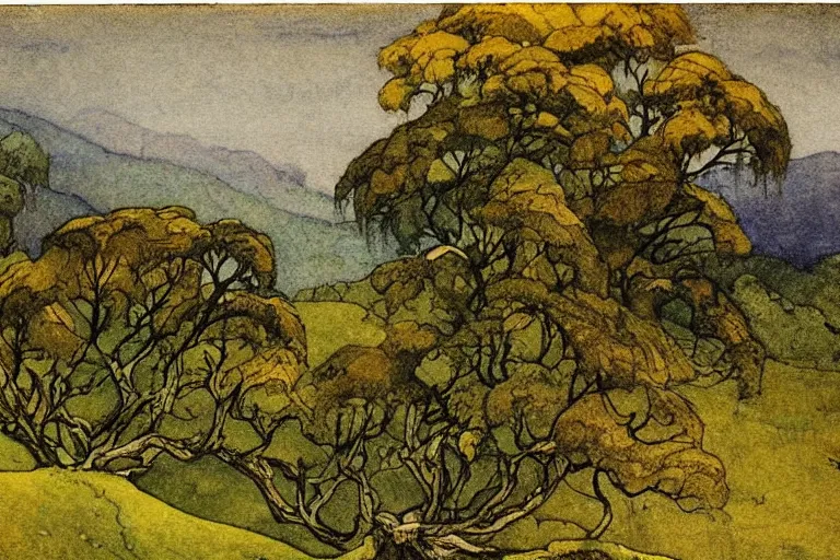 Image similar to masterpiece painting of oak trees on a hillside overlooking a creek, dramatic lighting, by edmund dulac