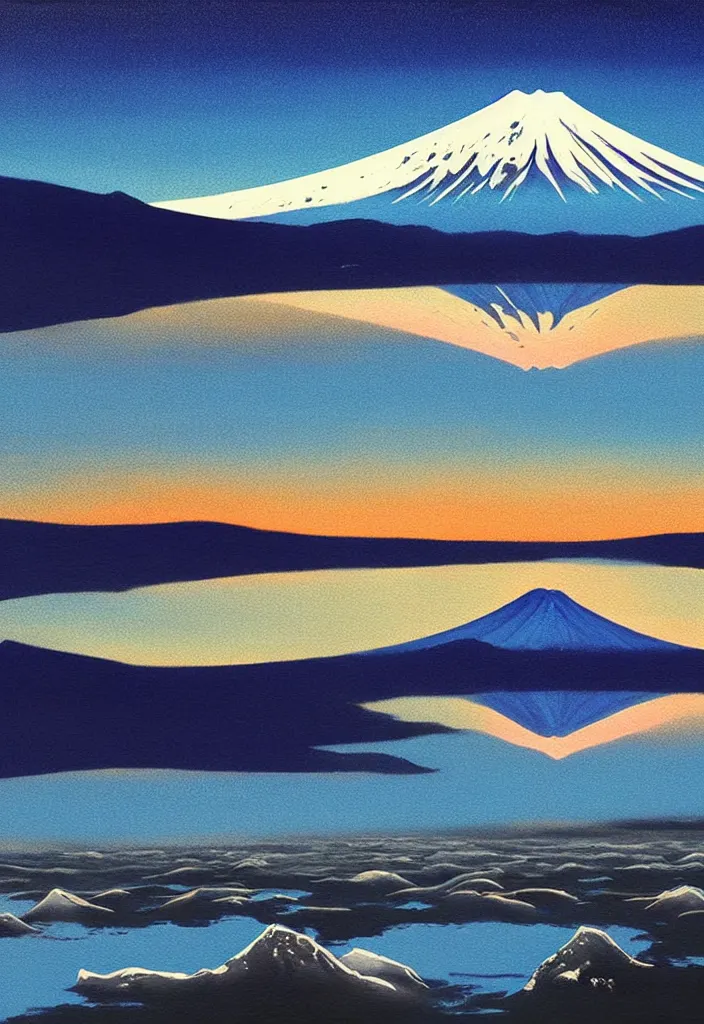 Prompt: mount fuji reflected on the lake surface at sunset, isolated on minimalist white acrylic base coat, detailed acrylic painting airbrush collagepainting by wes anderson, leslie david and lisa frank, dark monochrome neon color airbrush, mixed media painterly details, neoclassical composition, rule of thirds, design tension, impactful graphic design