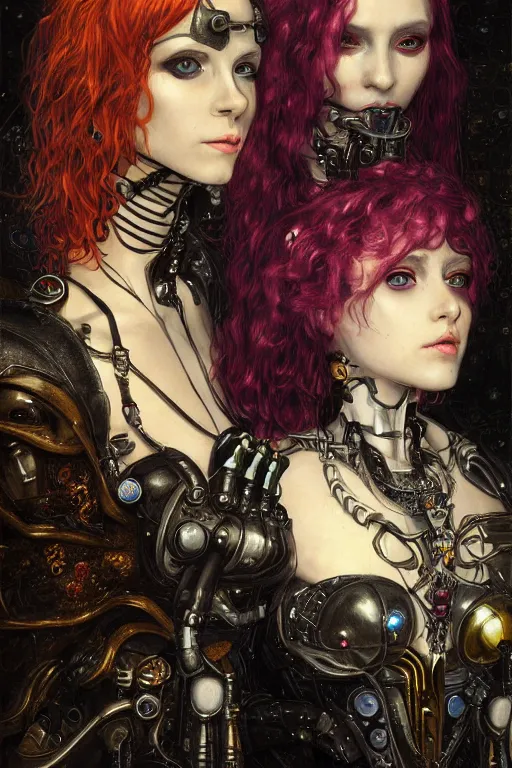 Image similar to portrait of two beautiful young gothic cyborg maidens, cyberpunk, Warhammer, kiss, highly detailed, artstation, illustration, art by Gustav Klimt