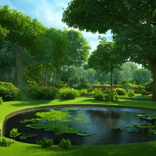 Prompt: a very wide angle shot of an empty garden in heaven with a pond in the middle, with long fluffy trees, green foliage and side lighting, ultra realistic, flemish baroque, classical realism, chiaroscuro, unreal engine, 8 k