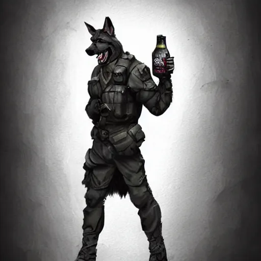 Image similar to a humanoid german shepherd beast - man in military style, holding a bottle of beer, artstation, concept art, smooth, sharp foccus ilustration, artstation