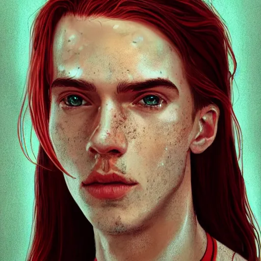 Image similar to portrait of a thin young man with long red hair, ponytail, a lot of freckles on his face, intricate, elegant, glowing lights, highly detailed, digital painting, artstation, concept art, smooth, sharp focus, illustration