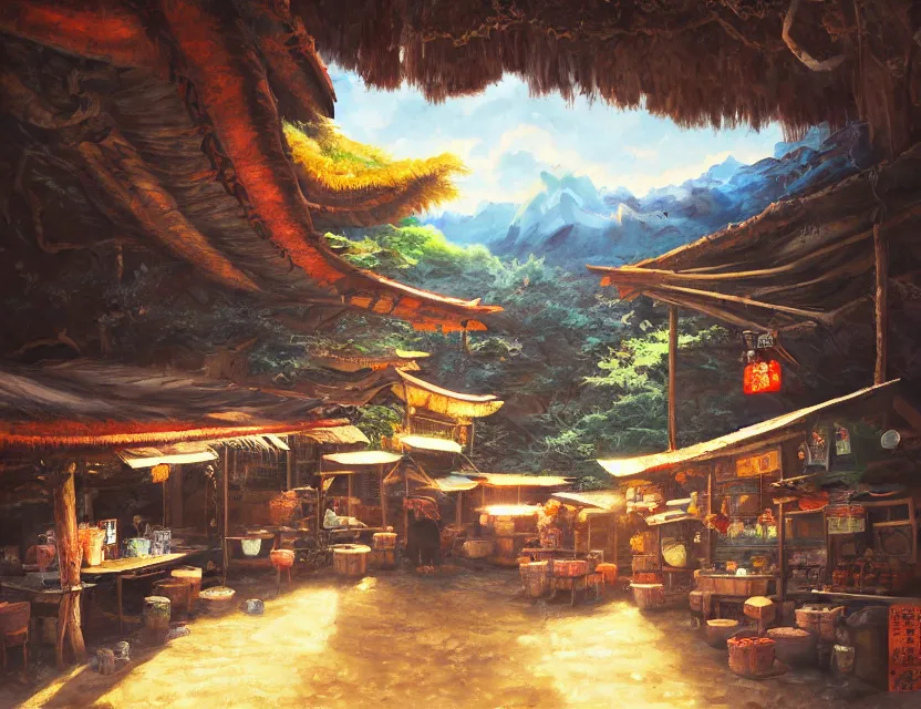 Prompt: enchanted ramen stall in the faraway mountains. this oil painting by the award - winning mangaka has a beautiful composition, great sense of depth, dramatic lighting and intricate details.