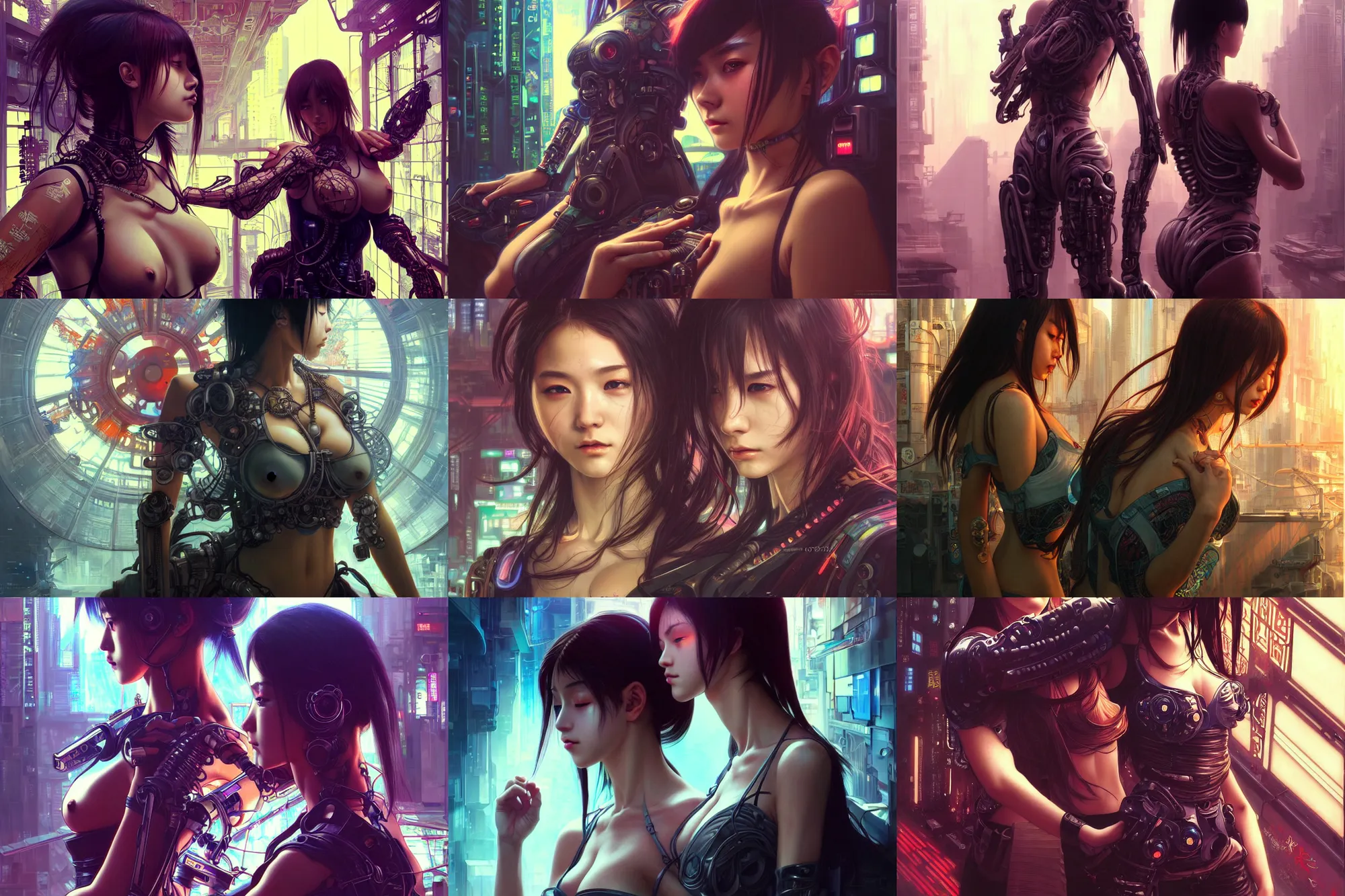 Prompt: ultra realistic beautiful cyberpunk kowloon techno art, beautiful alluring anime teen, anatomically correct body, sci - fi, fantasy, intricate, elegant, highly detailed, digital painting, artstation, concept art, smooth, sharp focus, illustration, gorgeous light and shadows, art by artgerm and alphonse mucha and tian zi and marc simonetti