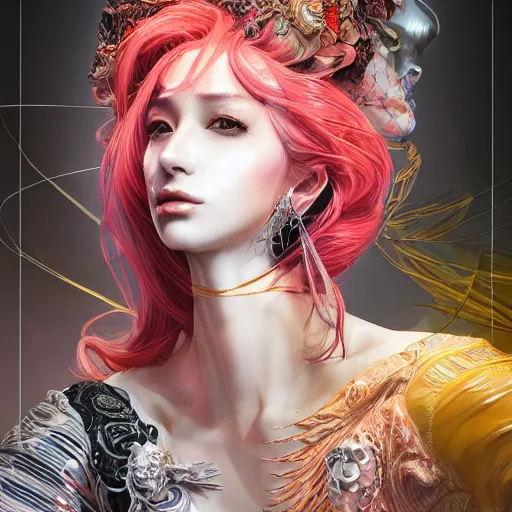 Prompt: the portrait of an absurdly beautiful, graceful, elegant, sophisticated, fashionable cyberpunk gravure idol, an ultrafine hyperdetailed illustration by kim jung gi, irakli nadar, intricate linework, bright colors, porcelain skin, unreal engine 5 highly rendered, ai concept art, global illumination, radiant light, detailed and intricate environment