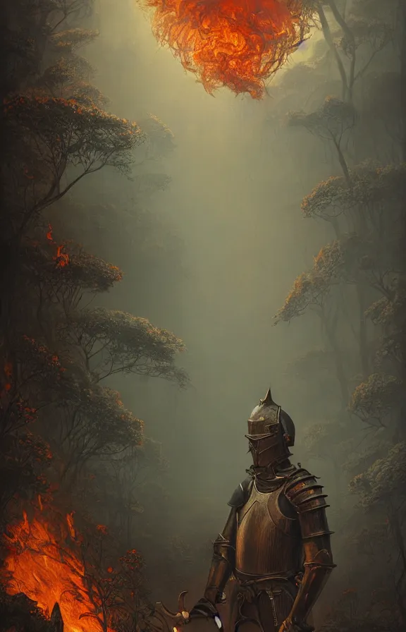 Image similar to portrait of a knight among flowers in dark forest, surrounded by fire and smoke, moody, rim light, dynamic lighting, cinematic shot, gritty, ultra - detail, renderman, physically based render, jean delville, gustave dore and marco mazzoni