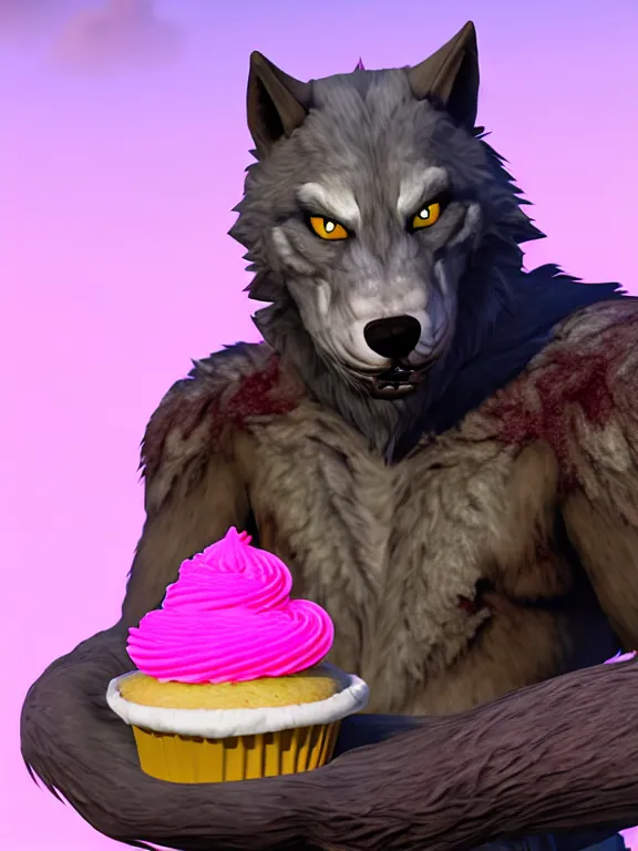 Image similar to cute handsome cuddly burly surly relaxed calm timid werewolf from van helsing holding a cute cupcake with pink frosting in a candy shop sweet unreal engine hyperreallistic render 8k character concept art masterpiece screenshot from the video game the Elder Scrolls V: Skyrim