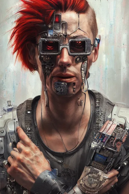 Prompt: illustration of an male cyberpunk character wearing bionic implants, criminal mugshot, gritty, gritty, highly detailed, oil on canvas, soft lighting, pastel colors, by WLOP and Greg Staples, HD, 4K