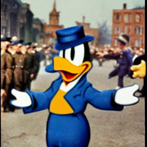 Image similar to historic colorized photograph of colorful donald duck at a nazi parade in 1 9 3 6