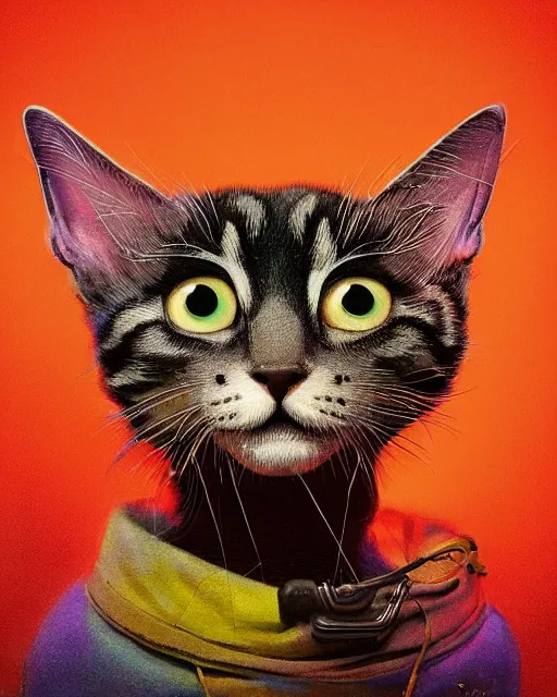 Prompt: psychedelic 6 0 s portrait of funny giant cute eyes kitten, intricate abstract. intricate artwork, by tooth wu, wlop, beeple, dan mumford. concept art, octane render, trending on artstation, greg rutkowski very coherent symmetrical artwork. cinematic, key art, hyper realism, high detail, octane render, 8 k, iridescent accents