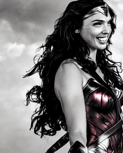 Image similar to gal gadot as she crinkles her nose while laughing, dressed as wonder woman, photorealistic, black and white photography, hdr color, hyperreal