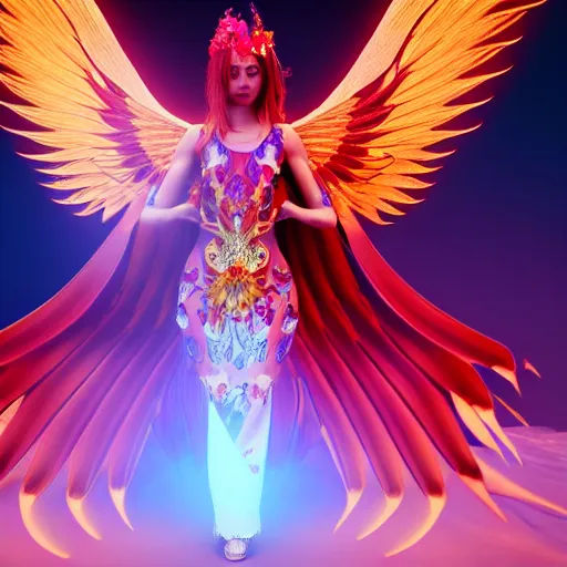 Image similar to a beautiful orchid phoenix angel woman, in an ornamented dress with large wings, photorealism, octane, unreal engine, volumetric light, god rays, 8 k high resolution, rubies