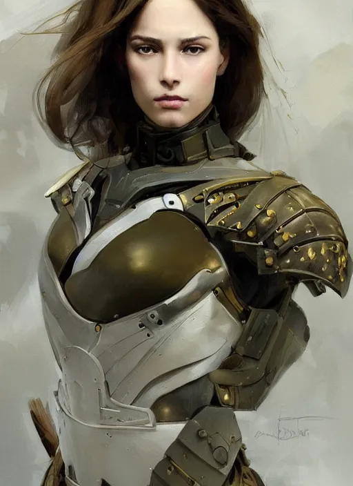 Image similar to a professional painting of a beautiful young female, clothed in military armor, olive skin, long dark hair, beautiful bone structure, symmetrical facial features, intricate, elegant, digital painting, concept art, smooth, sharp focus, illustration, from Metal Gear, by Ruan Jia and Mandy Jurgens and Artgerm and William-Adolphe Bouguerea