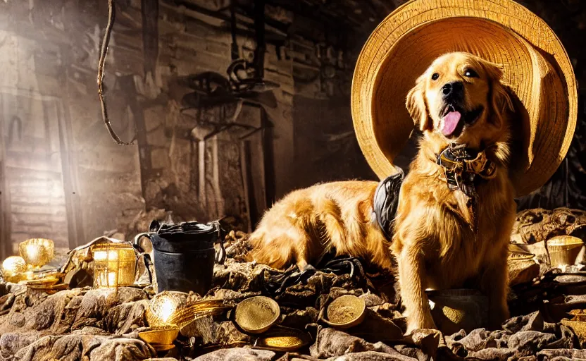 Image similar to a dirty golden retriever in a dark mine wearing a wild west hat and jacket with large piles of gold and gold nuggets nearby, dim moody lighting, wooden supports, lanterns, stylized photo