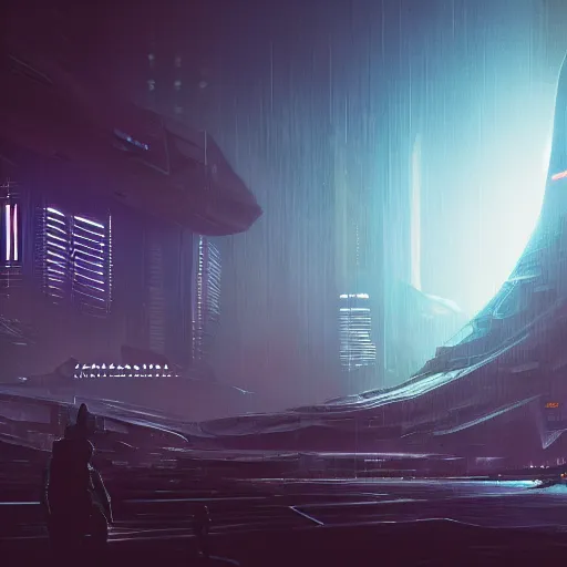 Prompt: cinematic view, giant futuristic cyberpunk spacecraft with small character silhouette in the foreground, blade runner, dense fog, bloom, cinematic contrasted lighting, ultra detailed, trending on artstation