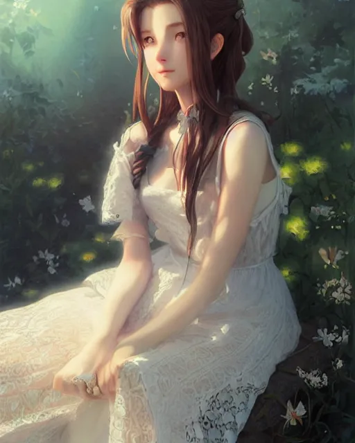 Prompt: aerith gainsborough in lace skirt, portrait, illustration, rim light, top light, perfectly shaded, soft painting, art by krenz cushart and wenjun lin