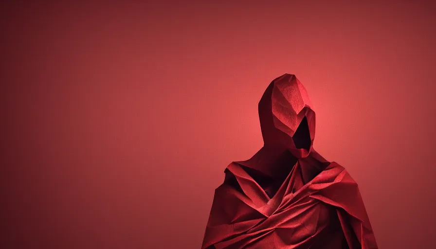 Prompt: enigmatic figure wrapped in red sheet in darkness, high contrast, hard light, digital art, rendering, cloth simulation, redshift