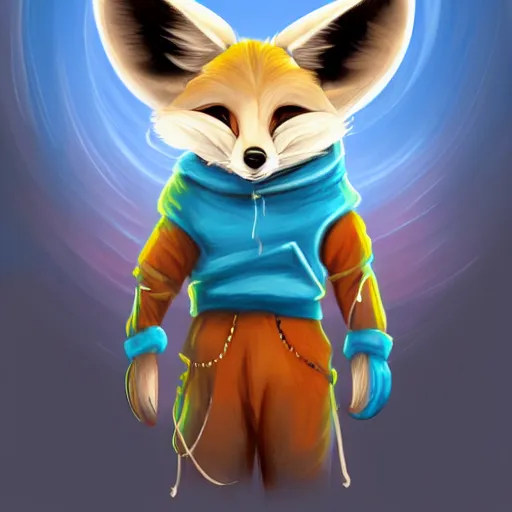 Prompt: furaffinity furry art of a fennec fox character with long braided blond hair and holding fireballs in his hands and wearing a blue sweatshirt, digital painting, detailed, cute, big intelligent eyes, trending on twitter, professionally drawn