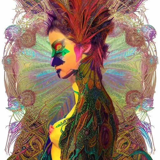 Image similar to A reality bending psychedelic ayahuasca experience, colorful, distorted, surreal, tropical bird feathers, dramatic lighting on the face, intricate lace, elegant fabric, highly detailed, digital painting, concept art, smooth, sharp focus, illustration, art by Krenz Cushart and Wayne Barlowe and alphonse mucha