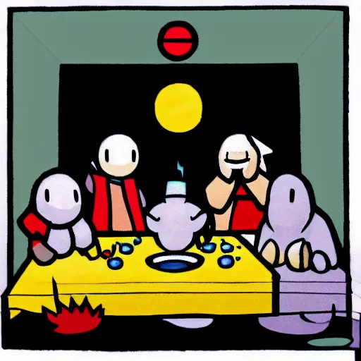 Prompt: pokemon in the style of the last supper