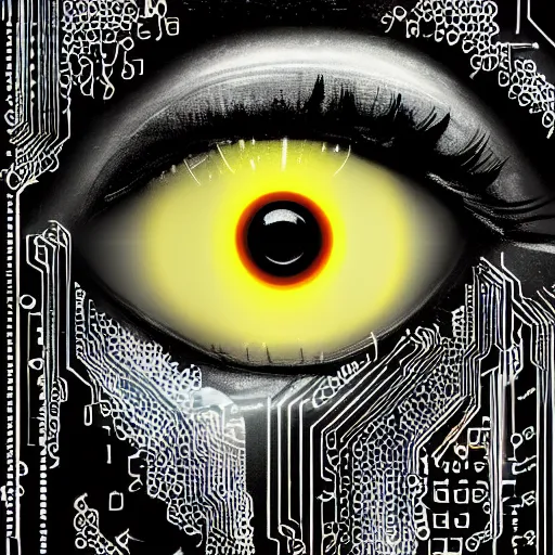 Image similar to a face covered in computer circuits, scifi, bladerunner, cyberpunk, heavy ink, yellow, very detailed eyes, 8 k resolution, by wlop, greg rutkowski