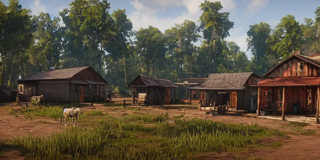 Prompt: a typical kerala village in the style of red dead redemption 2, cinematic, trending on Artstation CGSociety rendered in Unreal Engine 4k HQ