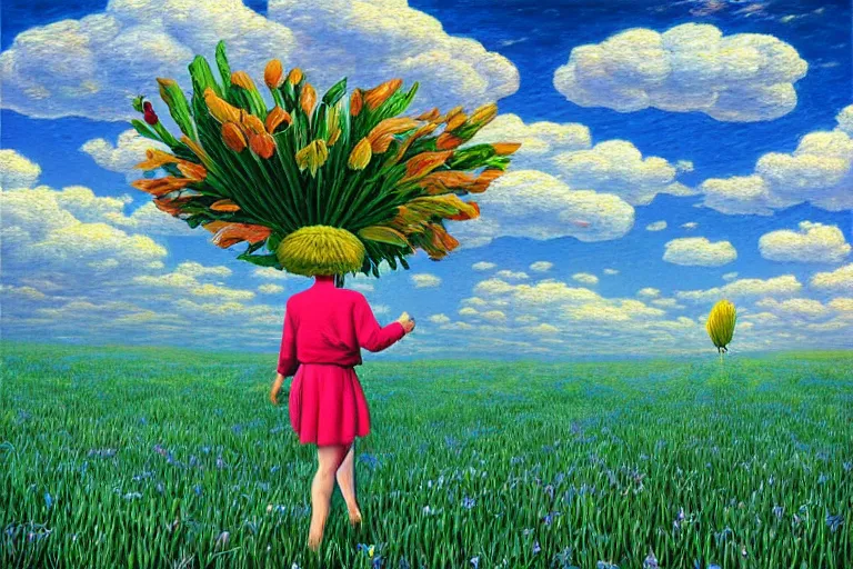 Prompt: a giant flower head, woman walking, surreal, clouds in sky, impressionist painting, digital painting, artstation, rob gonsalves