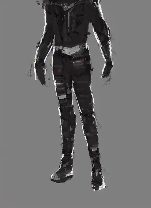 Image similar to concept art. digital art. young man wearing modern superhero costume. worn and tattered. patched together. ( ( tactical ) ). black.