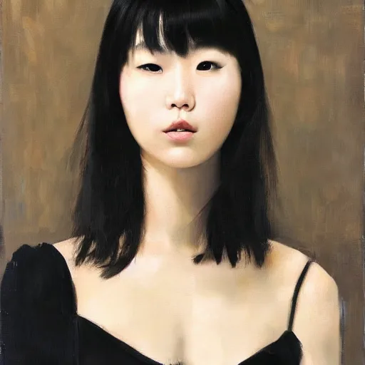 Image similar to portrait of a beautiful korean girl wearing a men's tuxedo, with long hair and bangs, angular features, angry expression, oil on canvas, elegant pose, masterpiece, Jonathan Yeo painting