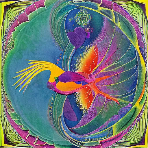 Image similar to tranquil by pegi nicol macleod fractal manifold, 1 9 8 0 s. a beautiful collage of a bird in its natural habitat. the bird is shown in great detail, with its colorful plumage & intricate patterns. the background is a simple but detailed landscape, with trees, bushes, & a river.