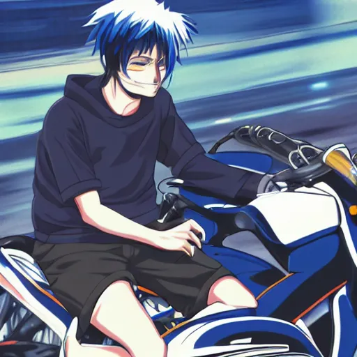 Prompt: close up of a anime guy with dark blue hair and streetwear clothing riding a in a 1990 black honda c90 with armenia quindio in the background , Artwork by Makoto Shinkai, pixiv, 8k, official media, wallpaper, hd