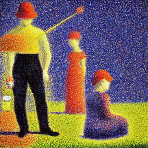 Image similar to Mario standing by the river painting by Georges Seurat, pointillism