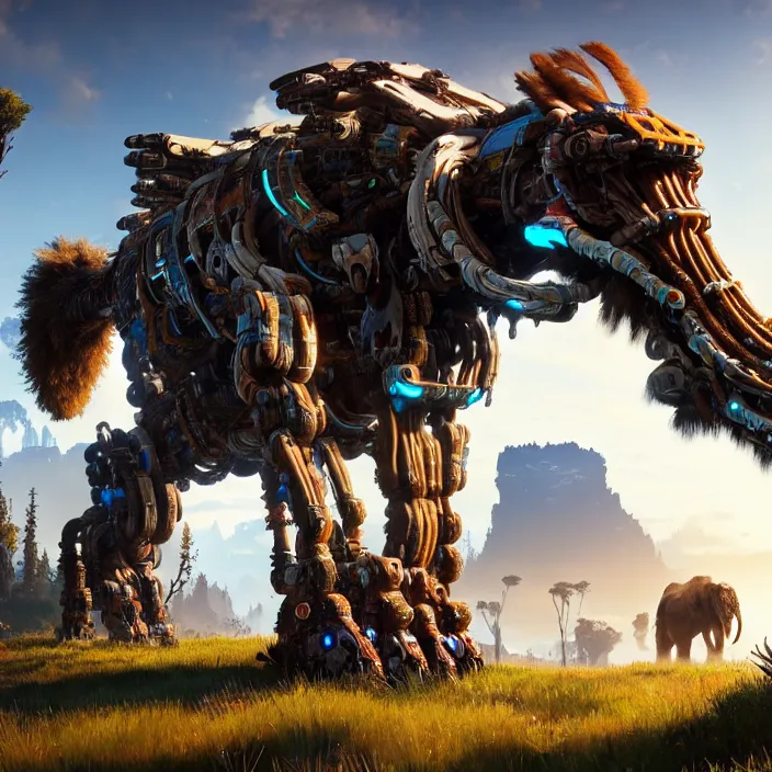 Image similar to photo of a cybernetic mammoth in the style of horizon zero dawn, highly detailed, 4 k, hdr, smooth, sharp focus, high resolution, award - winning photo