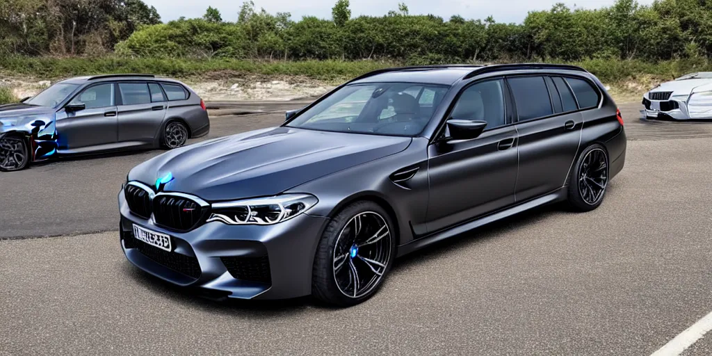 Image similar to “2019 BMW M5 Wagon, very dark metallic grey, ultra realistic, 8k, high detail”