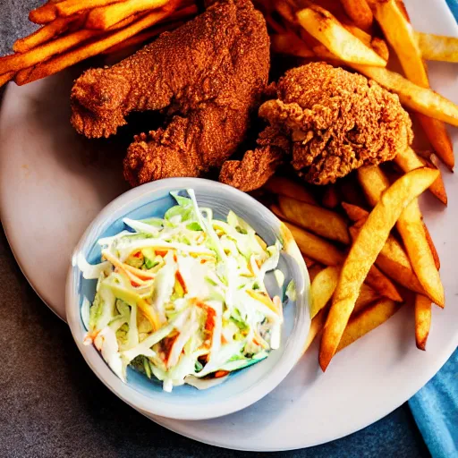 Prompt: professional photo of a plate with fried chicken, fries and coleslaw, 4k, studio photo, f/1.4