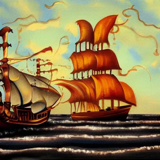 Image similar to oil painting of a pipe organ pirate ship