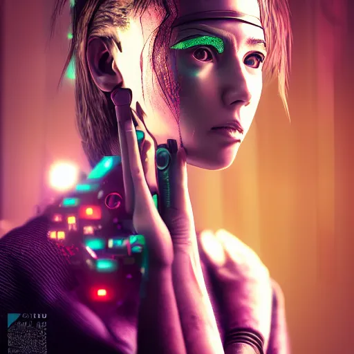 Prompt: a cyberpunk girl portrait with depth of field inspired by ghost in the shell