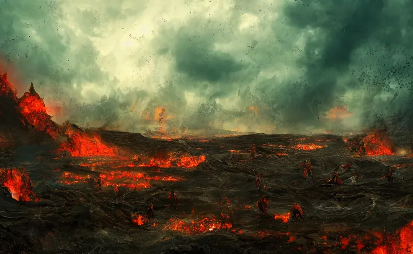 Prompt: hell landscape with people suffering, 4 k, detailed