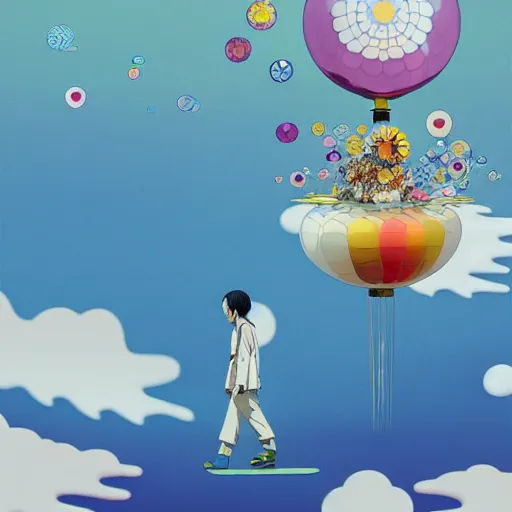 Image similar to a man walking on clouds above kyoto by takashi murakami, beeple and james jean, aya takano color style, 4 k, super detailed