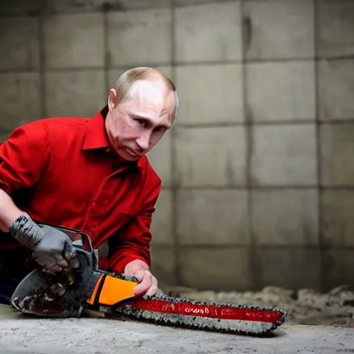 Image similar to putin with a chainsaw. in a concrete bunker with a pile of corpses. focus on putins face with blood splatters. canon eos r 3, f / 1. 4, iso 1 6 0 0, 1 / 8 0 s, 8 k, raw, grainy