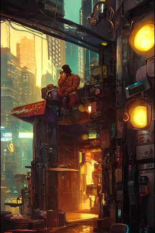 Prompt: Portrait of Futuristic cyberpunk vendor. Cinematic lighting. Art by moebius and Thomas Kinkade and Greg Rutkowski.