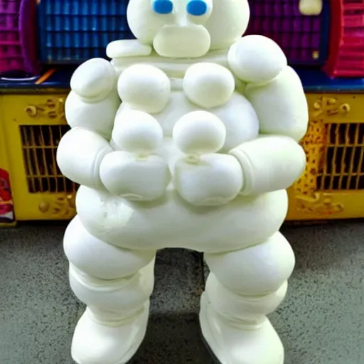 Prompt: The Michelin man made out of jelly beans. Claymation