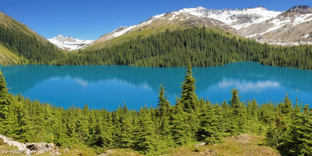 Image similar to small glacial lake, clear blue water, washington state, much green vegetation, some snow, sunny