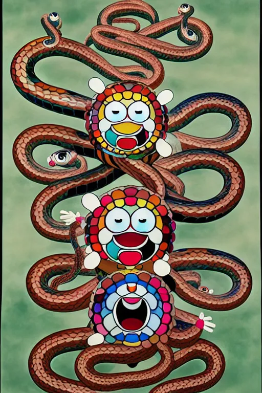 Prompt: a creepy family, snakes, by takashi murakami and bekzinski