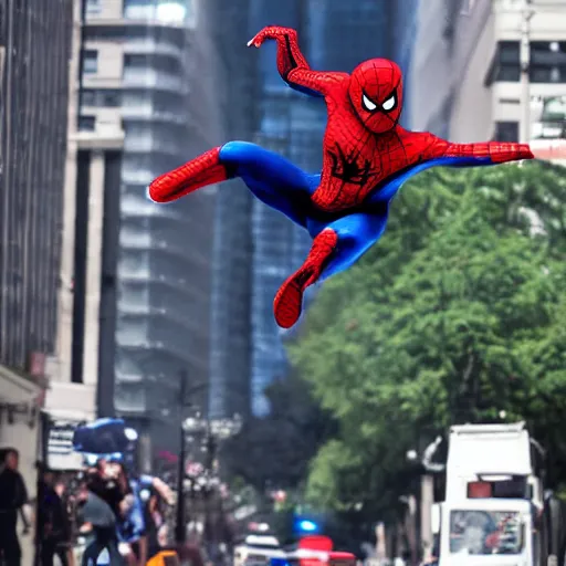 Image similar to michael jackson as spiderman flying through the city, bright