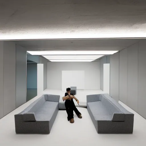 Image similar to a man taking a selfie in a large minimalistic concrete room upholstered sofas fluorescent ceiling lighting and a rectangular water feature in the center, a tilt shift photo by leandro erlich, featured on cg society, kitsch movement, hall of mirrors, high dynamic range, studio portrait