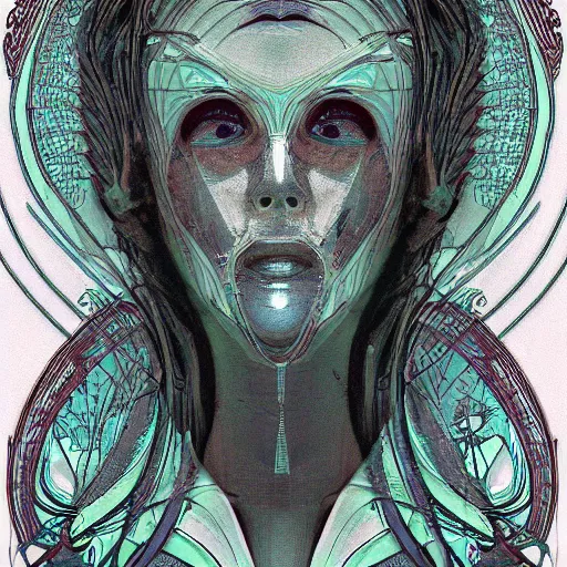 Prompt: portrait of human face inside is out of the skin, art nouveau, cyberpunk, grainy image