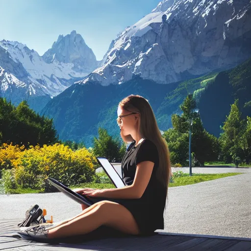 Image similar to smart female junior developer sitting in front of a modern campus building and working on a laptop outside with mountains in the background in summer, alps, 4k, digital art, highly detailed, artstation, 8k, painting